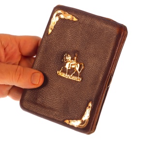 Dutch antique leather wallet with gold fittings and horse back riding motif